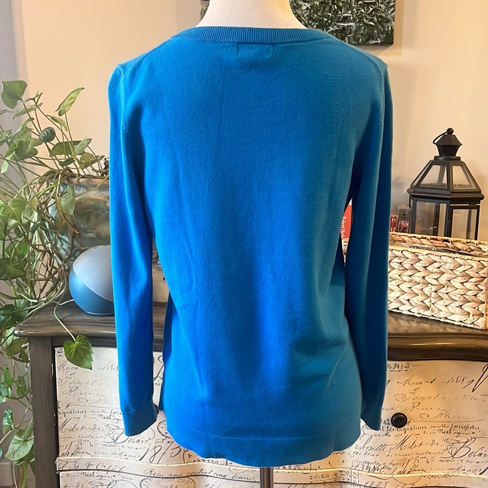 CROWN & IVY BOSTON TERRIER KNIT SWEATER BLUE BLACK WHITE SIZE PM - Picture 5 of 11